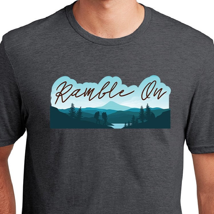 Ramble On T-Shirt, Mens Classic Rock Lyrics Graphic Tee, Mountain Landscape Nature Shirts, Hiking, Camping, Explore, Wander | Adult Xs - 4Xl