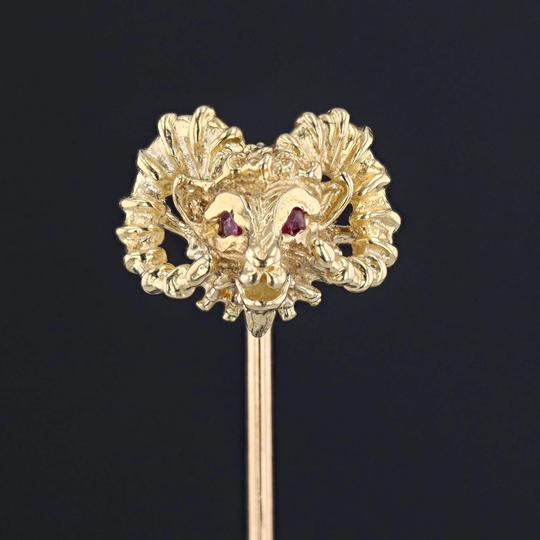 Vintage Aries Ram With Rubies Stick Pin Of 14K Gold