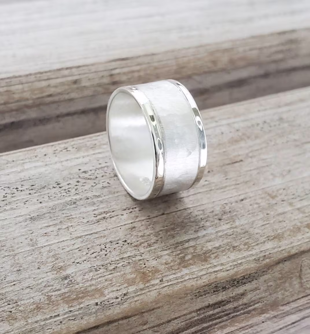 Polished & Hammered Satin Blended Boho Sterling Silver Thumb Ring