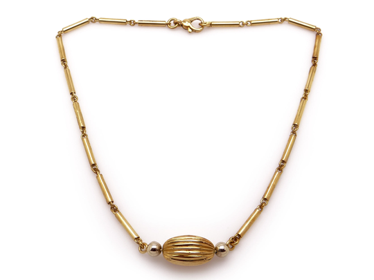 Retro 18K Yellow White Gold 13mm Bead Bar Tube Link Chain Necklace 16.5 Inch