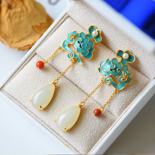 Oriental Cloud Shape Drop Earrings, Gem Stone, Hanfu Style, Accessories, Royal, Vintage Gift
