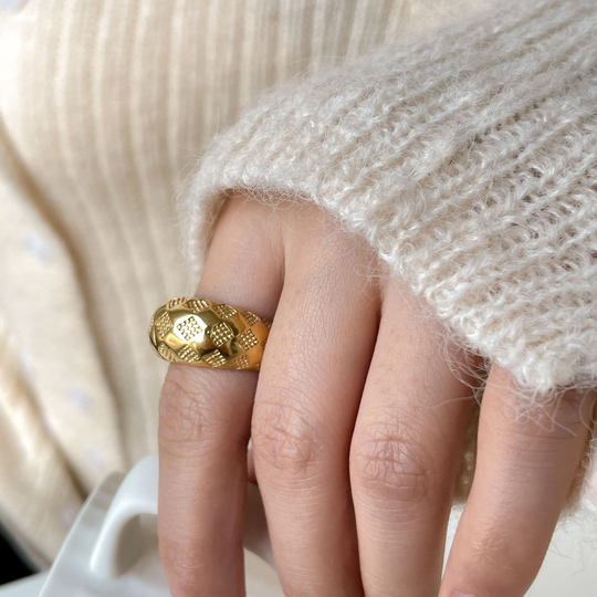 Gold Quilted Ring, Gold Filled Gemoetric Statement Dome Wide Band, Chunky Waterproof