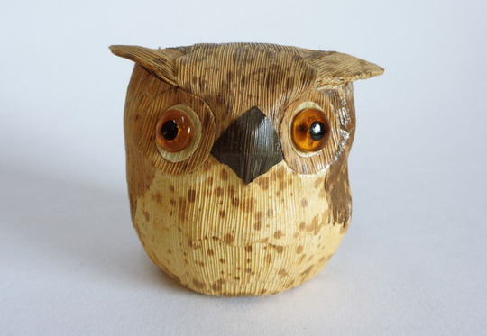 3319# Takekawa Bamboo's Skin Owl Okimono Ornament, Vtg. Japanese Folk Craft Covered By Takekawa-Lacquered Bamboo