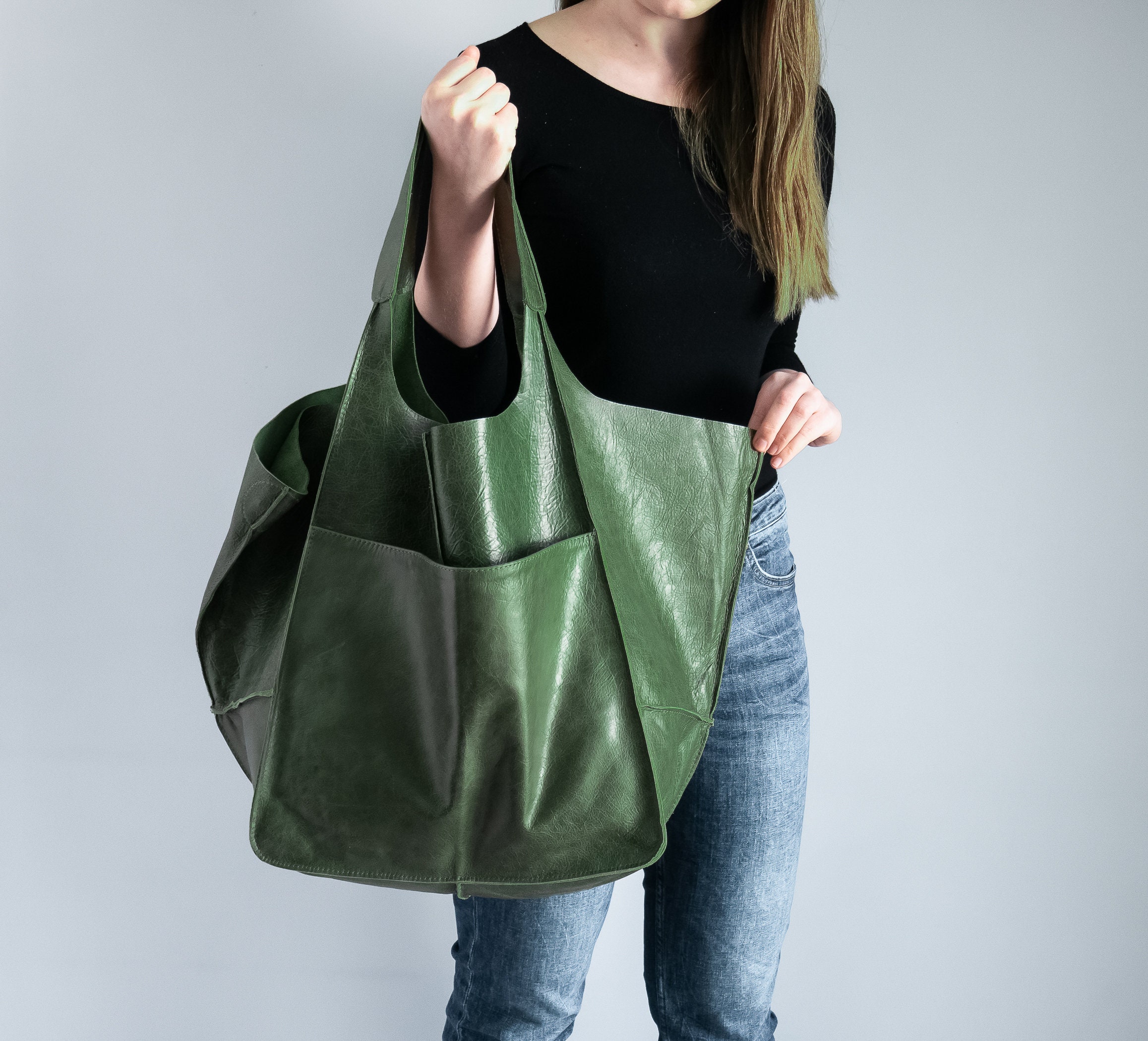 Shoulder Hobo Bag, Oversize Leather Bag, Large Tote, Everyday Slouchy Green Handbag, Women Purse, Big Shoulder Bag Aw