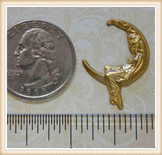 2 Pcs Raw Brass, Art Nouveau, Fairy, Moon, Celestial Lady Embellishment, Finding, Vintage, | Medium #2114