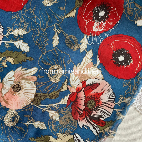Silk Fabric, Red & Pink Flowers On Blue Print, Silk Cotton Blend Half Yard By 55" Wide