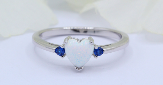 Three Stone Simulated Blue Sapphire Heart Promise Ring White Lab Opal Art Deco Solid 925 Sterling Silver Choose Your