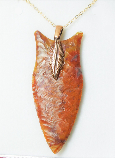 20" Long Flame Agate Arrowhead Necklace with Feather Bail 3256