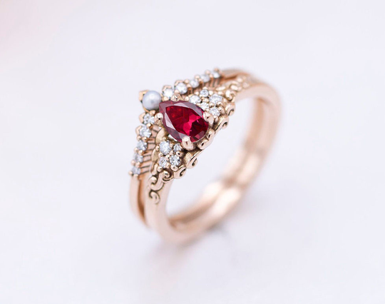14K Gold Art Deco Ruby Engagement Ring Set Unique Women Wedding Antique Bridal Promise Anniversary
