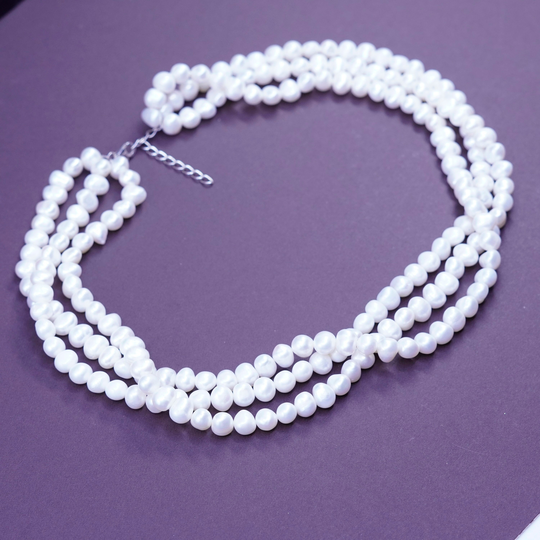 17+1", Vintage Triple Strand Pearl Beads Handmade Necklace, Sterling 925 Silver Clasp, Stamped