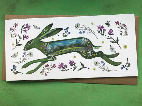 Green Witch Swallow Hare. Hare Art. Spring Greeting Card X1