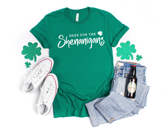 st Patricks Day Shirt, Here For The Shenanigans Tees, Shamrock Clover Funny