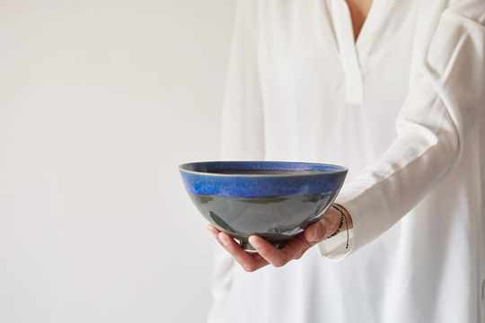Ceramic Ramen Bowl, Blue Noodles Pottery Soup Salad Serving Modern Japanese Nesting New Home Gift