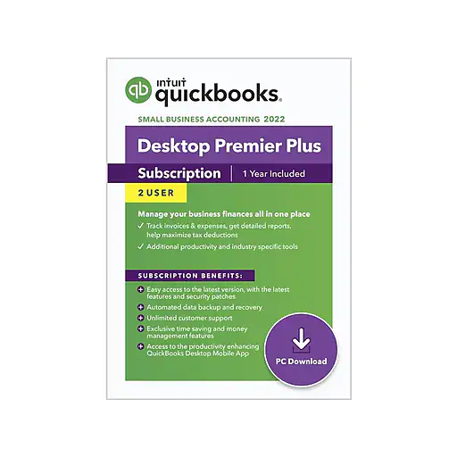 QuickBooks Desktop Premier Plus 2022 1-Year Subscription for 2 Users, Windows, Download (5100068)