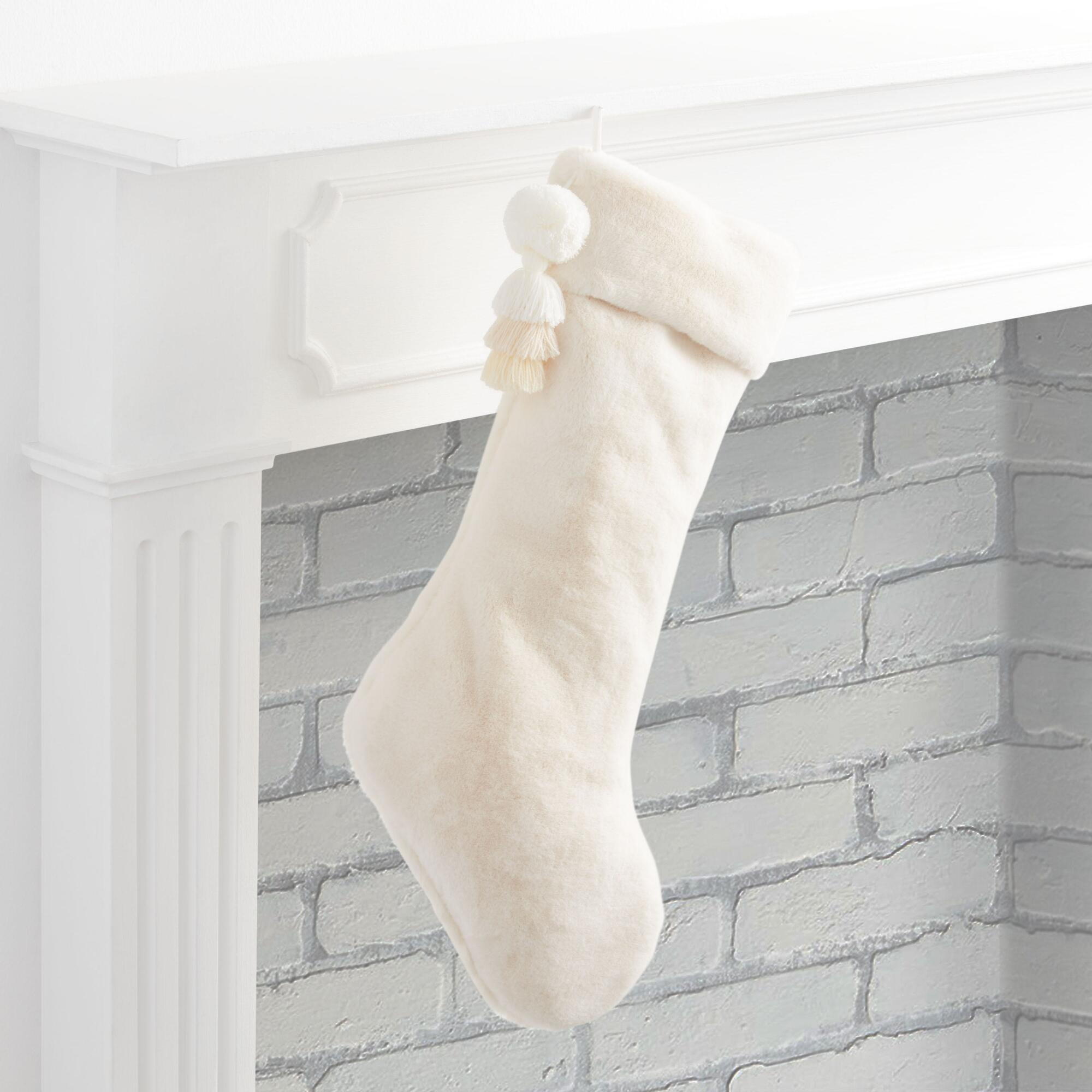 Plush Pom Pom Christmas Stocking: Cream - Polyester by World Market