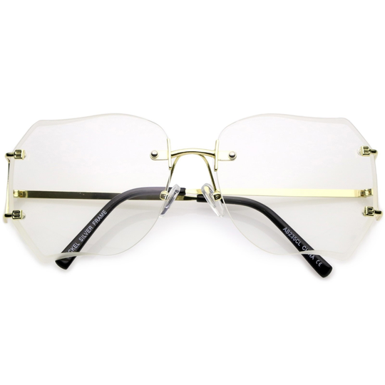 Oversize Rimless Square Glasses Slim Metal rams Beveled Clear Lens 61mm - Gold / Clear