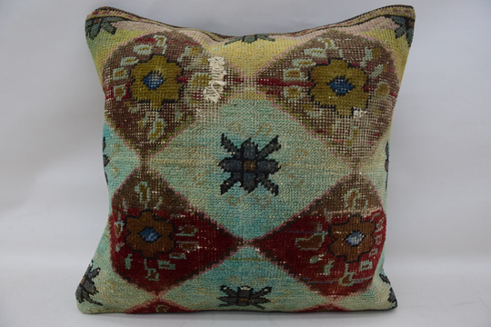 Throw Pillow, Home Decor Kilim Turkish 18x18 Blue Cushion, Rug Bohemian Cover, Yoga Case, 830