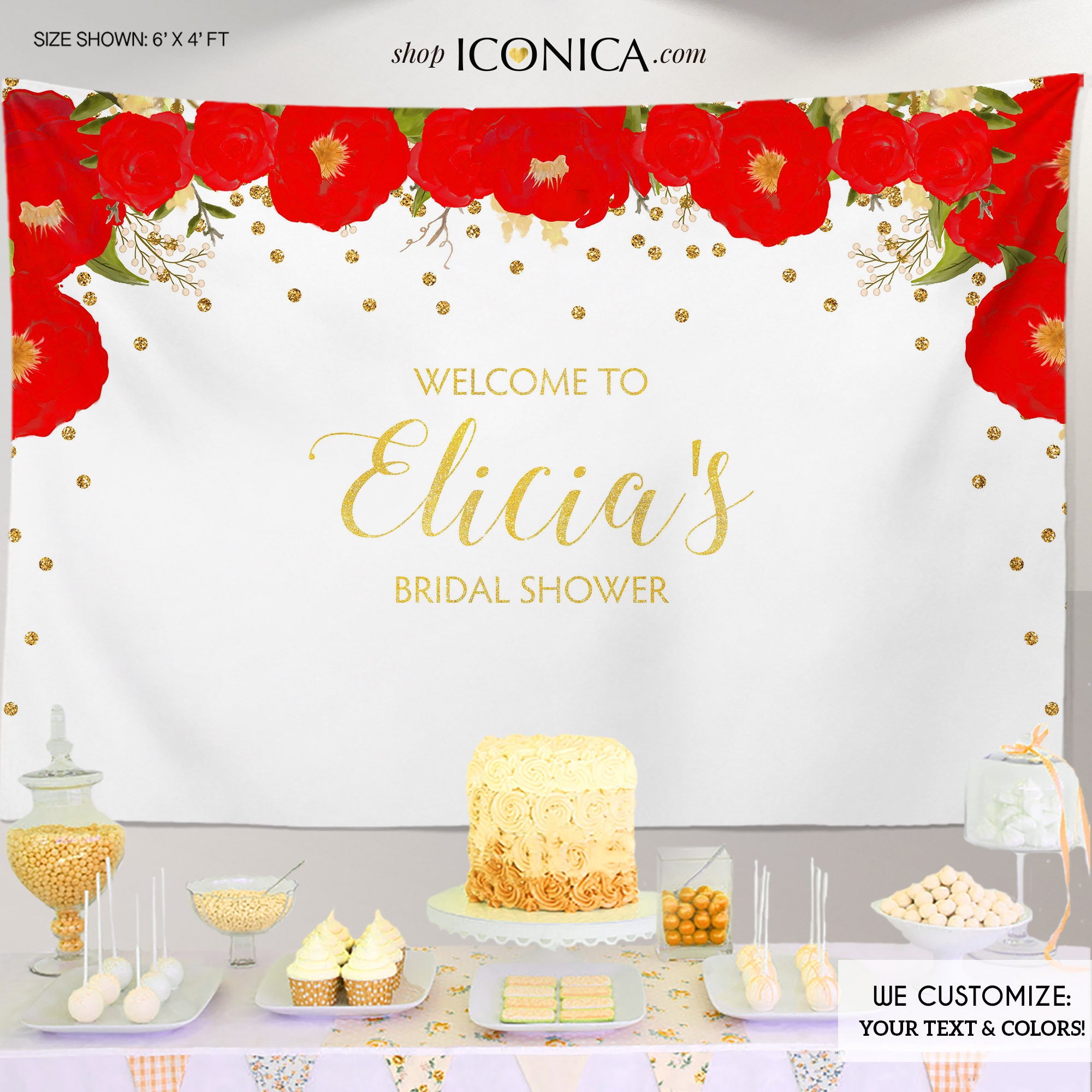Floral Bridal Shower Backdrop, Gold & Red Dessert Table Banner Any Event Watercolor Flowers Garden Party Printed Or Printable File Bbr0007
