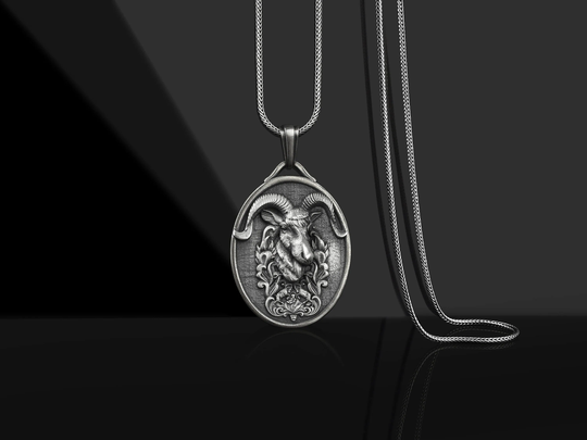 Ram Head Aries Silver Oval Medal Pendant, Personalized Zodiac Gifts, Customizable Necklace, Engraved Necklace For Men, Small Graduation Gift