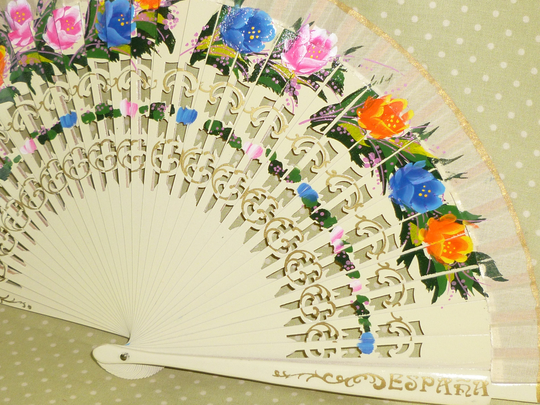 Antique Spanish Folding Fan Carved Hand Painted Flowers Pierced Wood Bovine Blades Spain Vintage