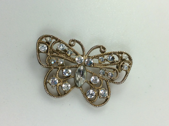 Vintage Pin Brooch Gold Toned Filigree Butterfly With Clear Rhinestone Used