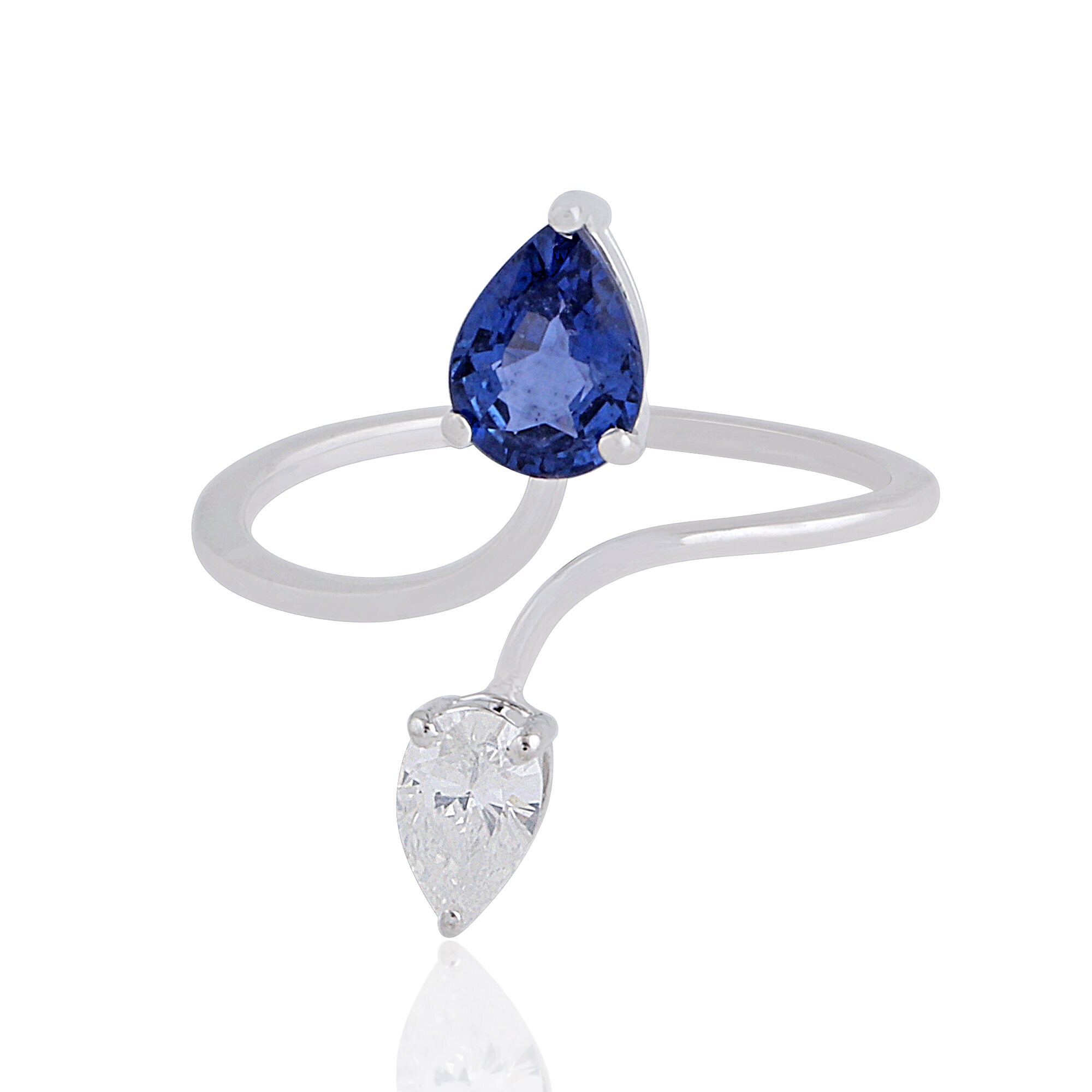 New Cuff Ring, 18K Solid Gold Wrap Pear Blue Sapphire Gemstone Party Wear Diamond Hi Color Si Clarity Jewelry For Women