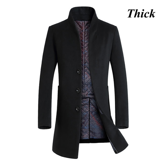 Winter New Men's Fine Wool Blend Solid Color Casual Business Stand Collar Woolen Coats / Male Slim Windbreaker Coat Men Jackets - black thick, xl