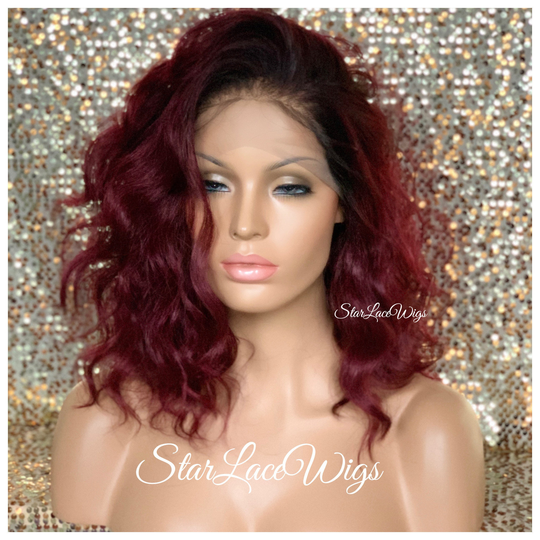 Lace Front Wig Bob Burgundy Synthetic Red Wavy 13x6 Parting Space Dark Roots Heat Resistant Wigs Free Part Short Glueless