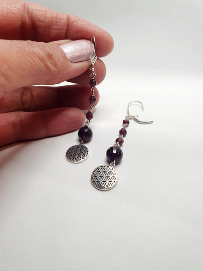 Seed Symbol Earrings Of Life With Authentic Garnets, in Silver 925% Nickel Free | Ea 5 Gr