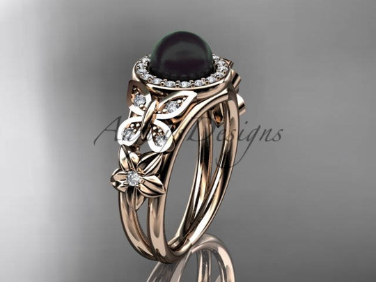 Rose Gold Engagement Ring Pearl Black & Diamond Rings Flower Wedding Abp524