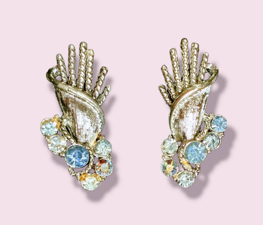Vintage Midcentury Coro Aurora Borealis Silver Toned Basket Wheat Clip-On Earrings, Ab, Carnival Stones, Mcm