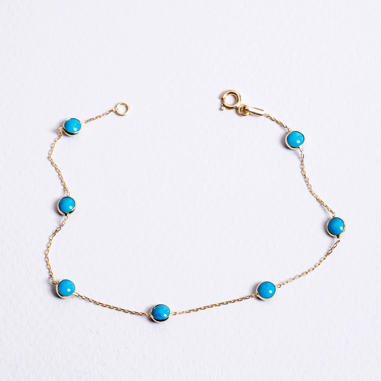 Turquoise Station Bracelet 14K Real Gold, Dainty Stone Bracelet, Multi Everyday Stylish Jewelry, Gift For Women
