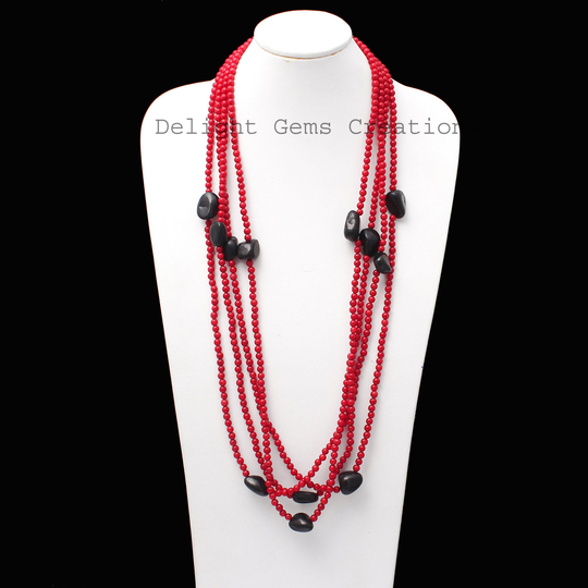 Red Coral With Shungite Nuggets Round Beads Necklace, 100 Inches Long Endless Gemstone Beaded Christmas Gift Necklace
