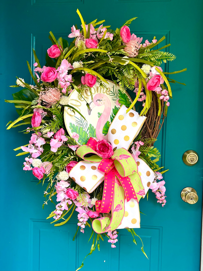 Tropical Wreath For Front Door, Flamingo Wreath, Hawaiian Island Exotic Welcome Lover Gift