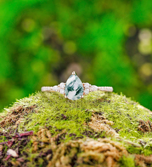 Moss Agate Engagement Ring Unique Vintage Diamond Anniversary Gift For Her Gold Art Women Moissanite