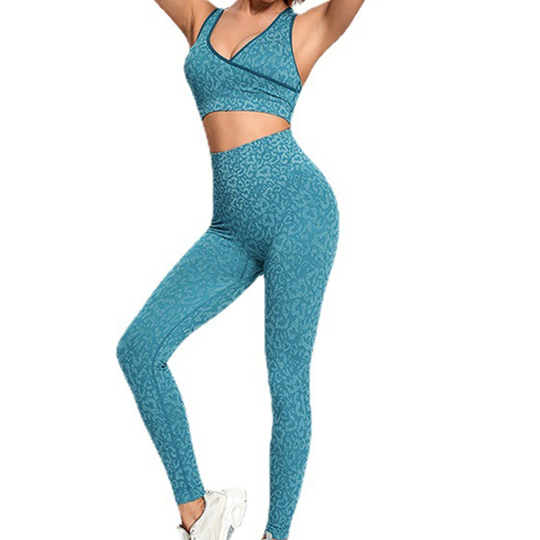 2Pcs Seamless Yoga Outfits Deep V Neck High Waist Blend Fabric Yoga Workout Activewear Set for Women - striped blue, s