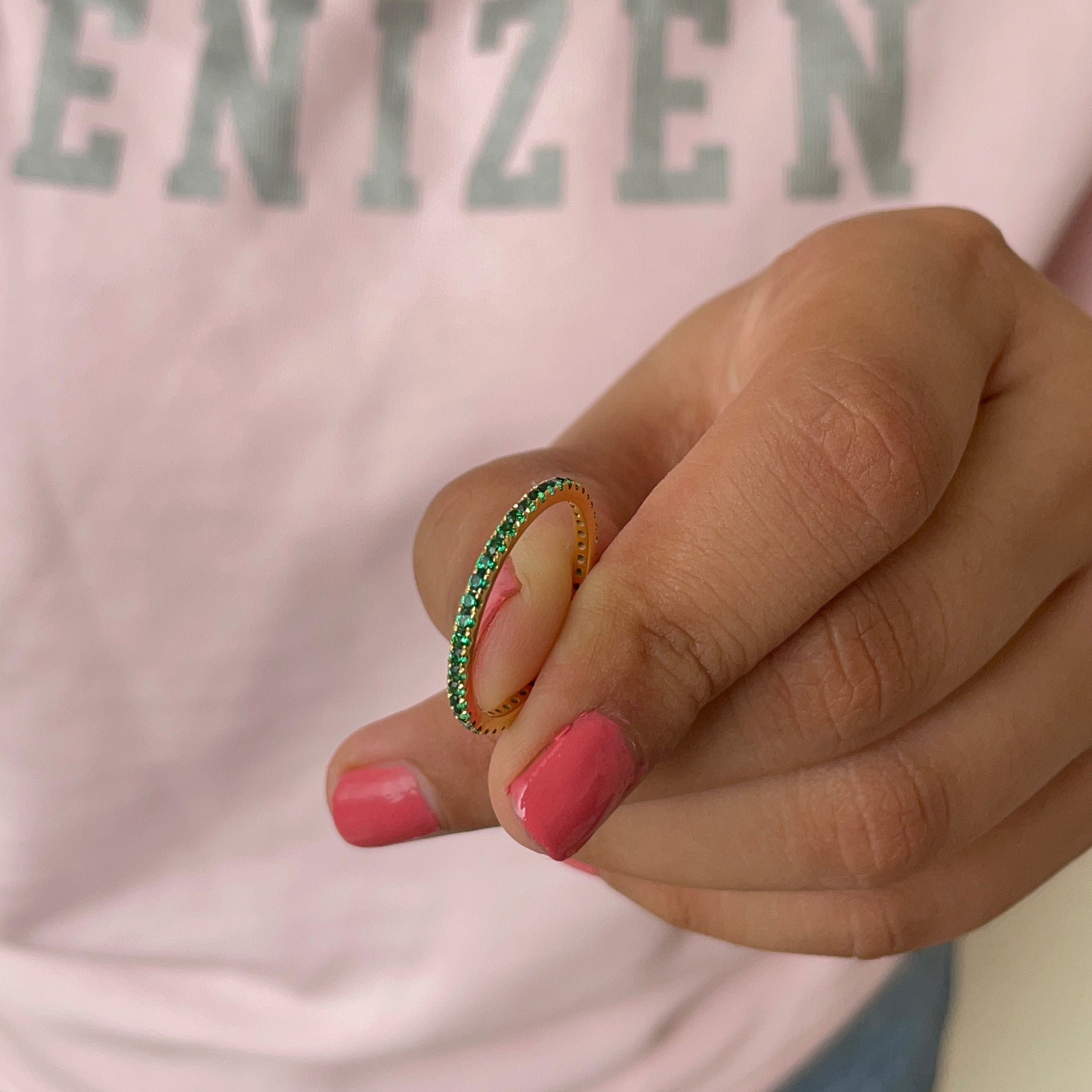 Full Eternity Band, 3/4 Ct Created Emerald Ring, Stackable Gemstone Ring For Women