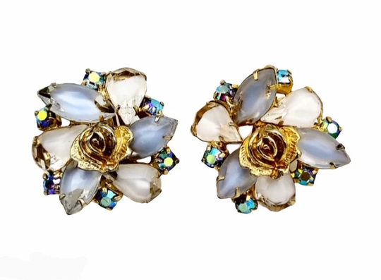 Blue Givre Rhinestone Earrings, Powder & White Givré Rhinestones With Gold Roses Aurora Borealis Clip Earrings