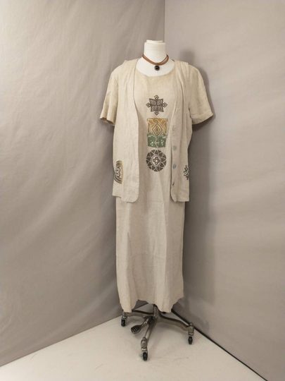 Earth Song Linen Blend Unstructured Artsy Natural Vintage 90's Maxi Long Dress Set Painted Made in USA Comfortable Loose Casual Neutral