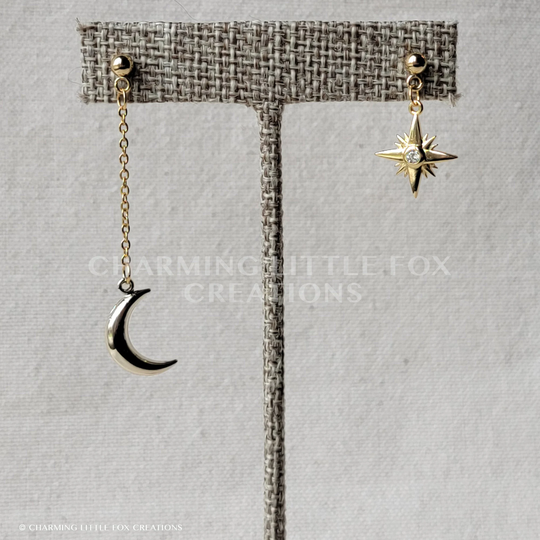 Gold Crescent Moon & Rhinestone Star Asymmetrical Earring Set, Customizable, Hypoallergenic Posts, Clip On Option Available, Gmoonstar