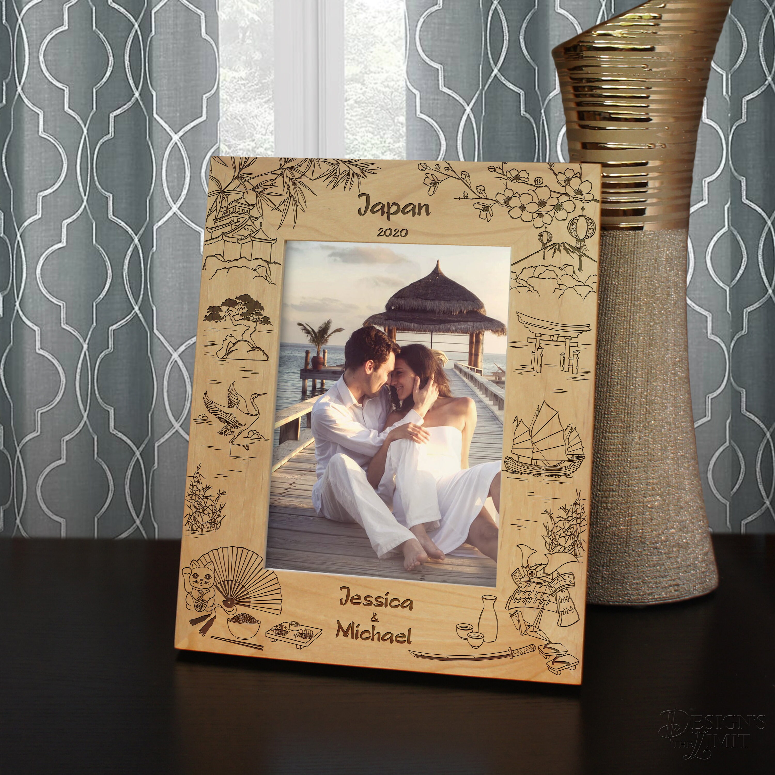 Japanese Vacation Personalized Picture Frame Engraved With Text & Font Selection | Select Photo Size Orientation