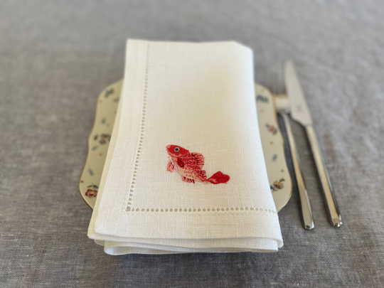Linen Dinner Napkins With Fish Embroidery, Sea Life Napkin, White Linen Napkin