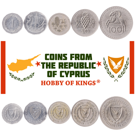 5 Coins From Cyprus. Money Set 1, 5, 25, 50, 100 Mils. Old Collectible Cypriot Currency 1963-1982