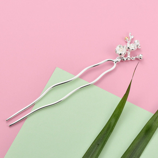 Nice Plum Flower Branch Hairpin Fine S925 Sterling Silver Hair Fork