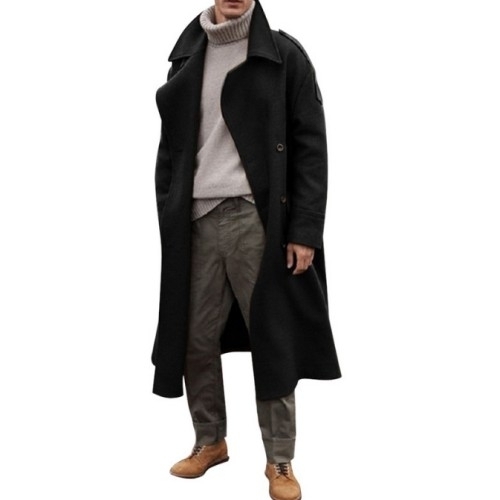 Men's Oversized Notched Long Wool Blend Trench Coat Single Breasted Knee Length Lapel Winter Jacket - M