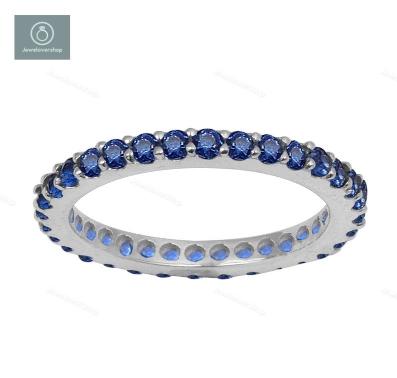 Full Eternity Sapphire Ring, Wedding Band, Silver Gemstone Stacking Matching Anniversary Gift Ring