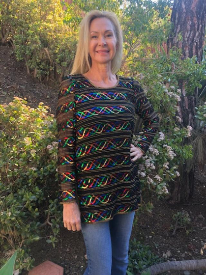 stenay Sequin Beaded Top, Black, Gold, Blue, Red, Green, Small, Semi Sheer Sleeves