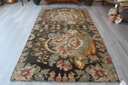 Karabagh Kilim Rug, Ethnic Floral Kilim, Vintage Boho Style, Large Rug/4'7"x8'8" Feet N-679