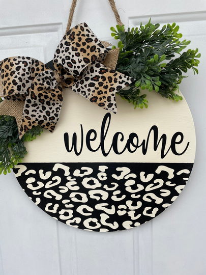 Welcome Round Wooden Door Hanger, Leopard Print Decor, Country Farmhouse Front Porch Sign, Sizes, Gifts Ideas For Birthday, New Home