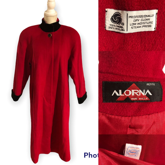 Vintage 1980's Alorna Petites Wool Blend Union Made Overcoat Red Black Velvet Collar Cuffs